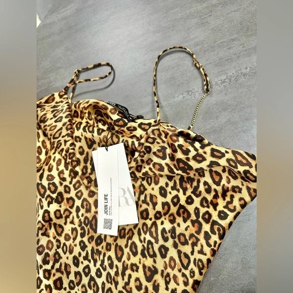 Zara Cami Crop Leopard Animal Print Chain Straps Satin Cami Blouse Tank Top - Picture 8 of 10